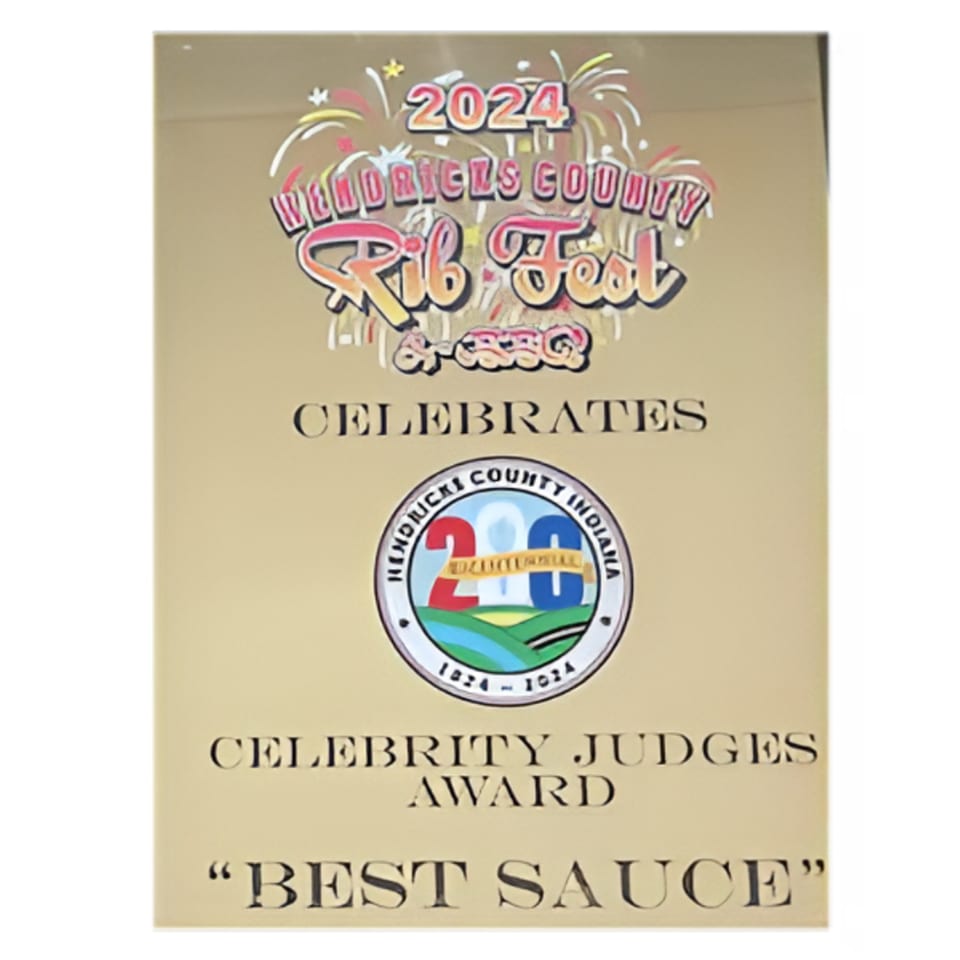 A gold award plaque for "Best Sauce" from the 2024 Hendricks County Rib Fest.