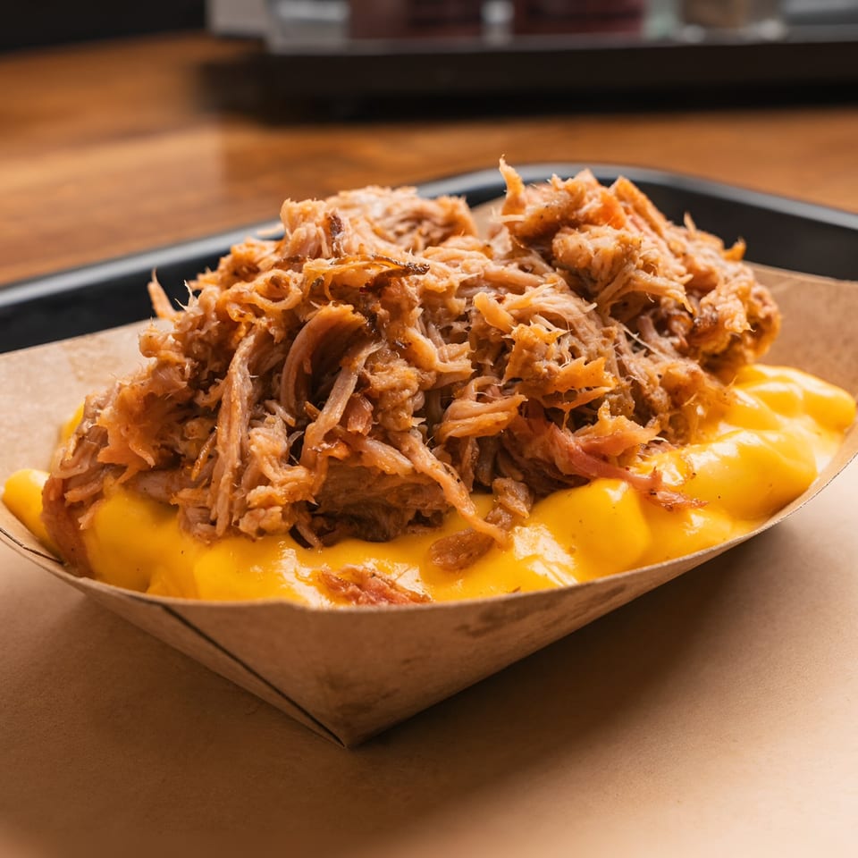 Double D’s Southern BBQ mac and cheese topped with a generous portion of pulled pork.