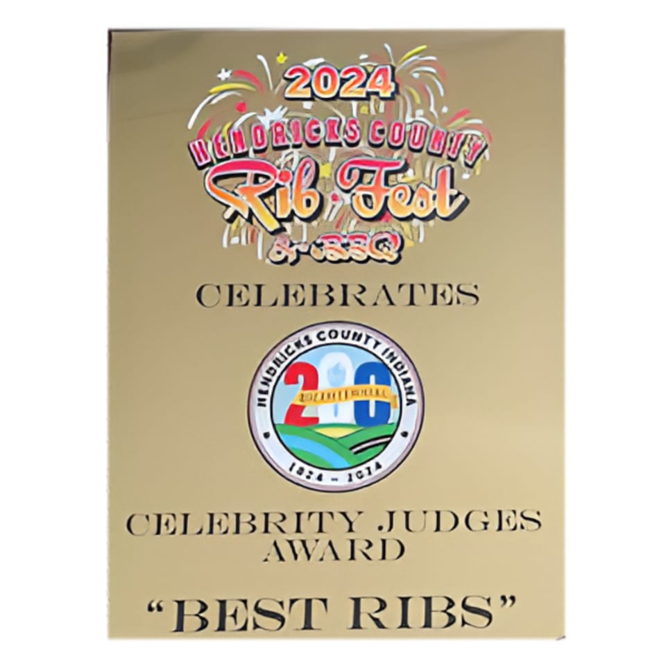 A gold plaque for "Best Ribs" from the 2024 Hendricks County Rib-Fest, awarded by celebrity judges.