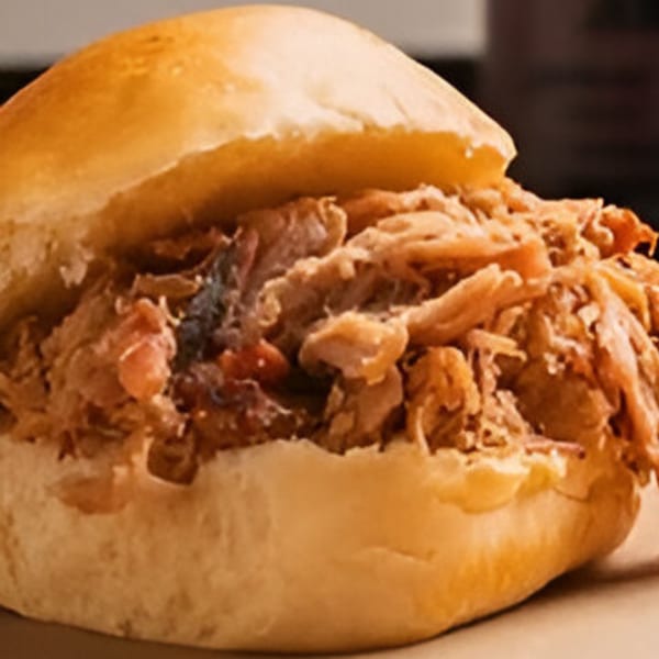 Close-up of a Double D's Southern BBQ pulled pork sandwich on a soft bun.