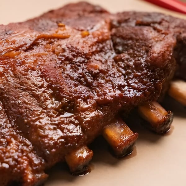 Close-up of Double D’s Southern BBQ ribs, glistening with sauce, on a light brown surface.